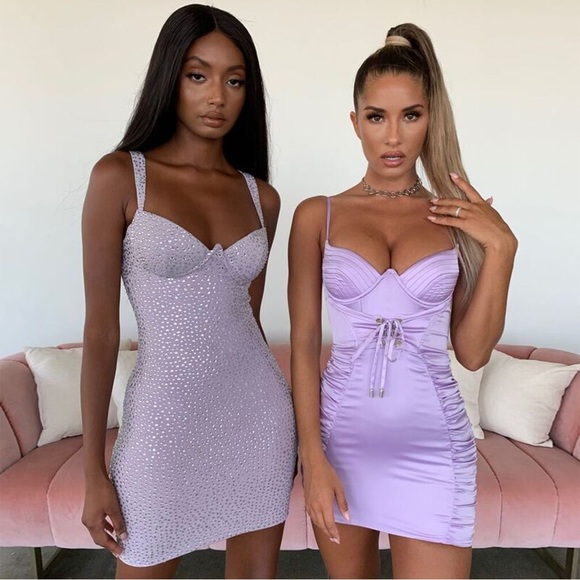 Oh Polly - Sugar Ruche Underwired Satin Mini Dress in Lilac - Picture 3 of 5